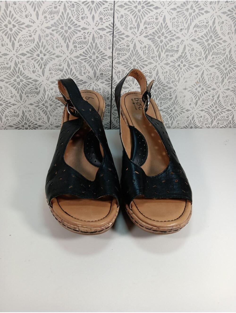Born Concept Cork Wedge Sandals Sz 10 Black Leather Slingback